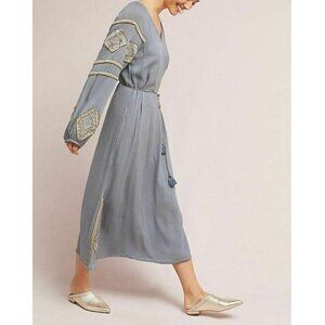 Anthropologie Dress Tunic Large Petite Gray V-Neck Beaded Belted Midi Boho